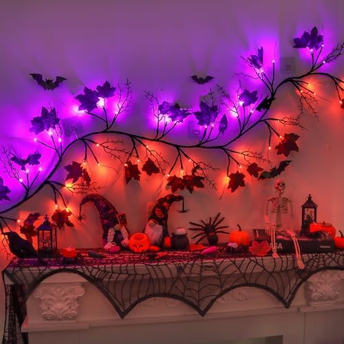 9 FT 72 LED Willow Vine Twig Decor Black Halloween Garland with Orange & Purple Lights, 8 Modes & Timer Waterproof Battery Operated for Home Fireplace Mantle Wall Office Indoor Halloween Decorations - Image 2