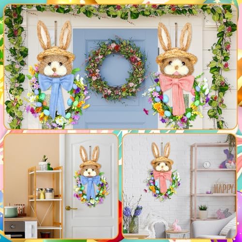 Zeyune 2 Pcs 18.1"x 11.4" Easter Bunny Wreath with Colorful Eggs Artificial Easter Wreath Mixed Flowers Green Leaves Hanging Bunny Shaped with Straw Hat and Bow for Front Door Wall(Bow Bunny) - Image 6