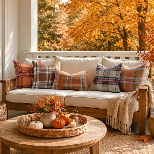 MIULEE Fall Plaid Decorative Euro Sham Pillow Covers Set of 2 24x24 Brown - Image 6