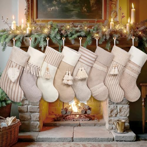 GEXWORLDWIDE GEX Christmas Stockings 8 Pack for Family 20" Large Rustic Farmhouse Country Xmas Stockings with Tassels Hanging Ornament Decorations for Fireplace Xmas Season (Beige, Set of 8) - Image 6