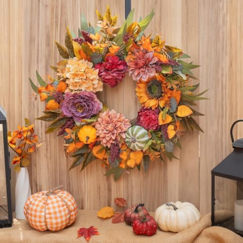 24 Inch Artificial Fall Wreaths for Front Door Outside with Sunflower,Peony - Image 6