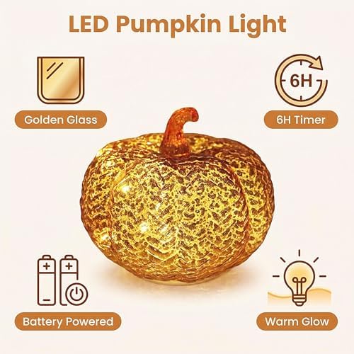 Fall Decorations for Home,Mercury Glass Pumpkin Lights with Timer(Orange) - Image 4