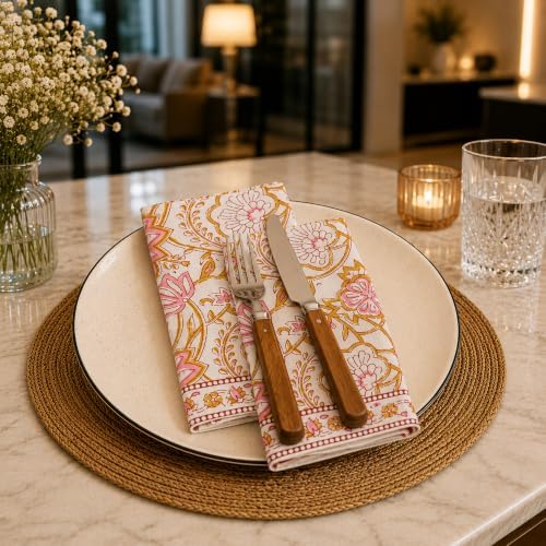 Floral Cloth Napkins Set of 12, Block Print Inspired 100% Cotton Dinner Napkins for Thanksgiving, Christmas & Fall, Reusable Wedding Linens, 18 x 18 Inch, Blush Pink Floral - Image 6