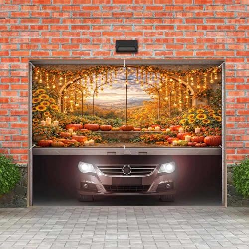 13X6Ft Fall Window Garage Door Banner Autumn Harvest Pumpkin Maple Leaves Backdrop Door Cover Hanging Garage Decorations Banner Thanksgiving Holiday Party Background Sign for Wall House Decor - Image 4