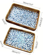 Set of 2 Rectangular Mother of Pearl & Rattan Trays - Artisanal Leaf Pattern Serving Trays for Dining & Dresser - Tropical Decorative Nesting Organizers for Living Room (Blue & White) - Image 4