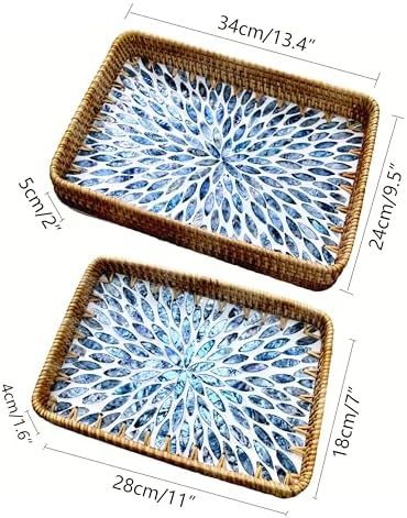 Set of 2 Rectangular Mother of Pearl & Rattan Trays - Artisanal Leaf Pattern Serving Trays for Dining & Dresser - Tropical Decorative Nesting Organizers for Living Room (Blue & White) - Image 4