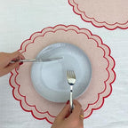 Linen Cotton Placemats Set of 4 Scalloped Flower Embroidery Place Mats 15'' Natural Linen Texture Fabric Machine Washable Table Mats for Restaurant Kitchen,Table Decor(Powder Pink) - Image 5