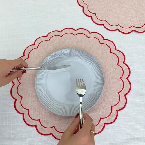 Linen Cotton Placemats Set of 4 Scalloped Flower Embroidery Place Mats 15'' Natural Linen Texture Fabric Machine Washable Table Mats for Restaurant Kitchen,Table Decor(Powder Pink) - Image 5