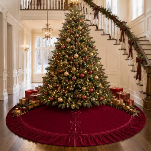 72 Inch Velvet Christmas Vintage Tree Skirt, Burgundy - Image 4