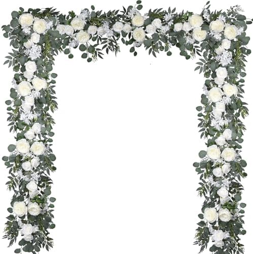 2 Pack Artificial Peony Flower Garland - 6ft Silk Peony Eucalyptus Garland Flower Vine Blue and White Peony Silk Roses Flowers for Wedding Arch Party Table Decor (White) by Fomlily