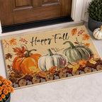 Happy Fall Pumpkin Decorative Front Door Mat, Autumn Maple Leaves by Tailus