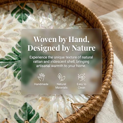 Boho Handwoven Rattan Tray with Mother of Pearl Inlay, 30cm Round Decorative Tray, Wooden Base Serving Tray for Breakfast, Vanity, Coffee Table & Wall Hanging Decor (Size:Middle, Pattern:Greenleaf) - Image 5