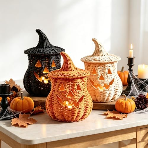 TREBIN 11'' Wicker Pumpkin Lantern Halloween Decor, Handwoven Rattan Halloween Candy Basket Jack O Lantern Candle Holder, Rustic Witch Hat Pumpkin Decoration for Tabletop Porch Mantel (Single-Black) by TREBIN