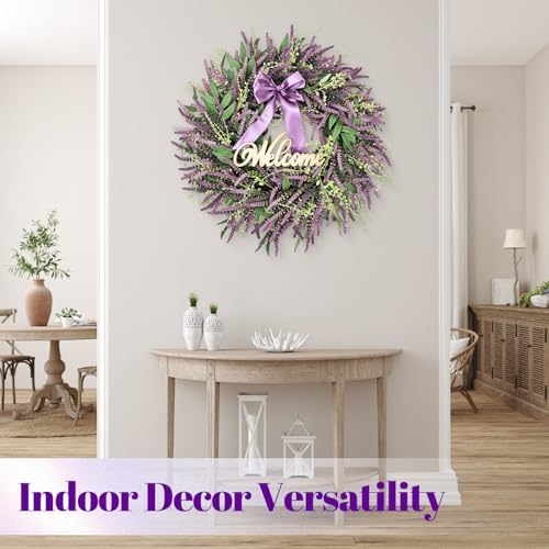 26 Inch Purple Lavender Wreath for Front Door, Lifelike Artificial Eucalyptus Door Hanger with Welcome Sign, Fade-Resistant Floral Ring for All Seasons Home Decor, Farmhouse Wall Ornament - Image 5