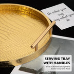 Modern Decorative Tray Set of 2, Wooden Round Crocodile Leather Tray with Polished Metal Handles, Decorative Serving Trays Coffee Table Trays Ottoman Platter for Home Decor (Golden) - Image 4