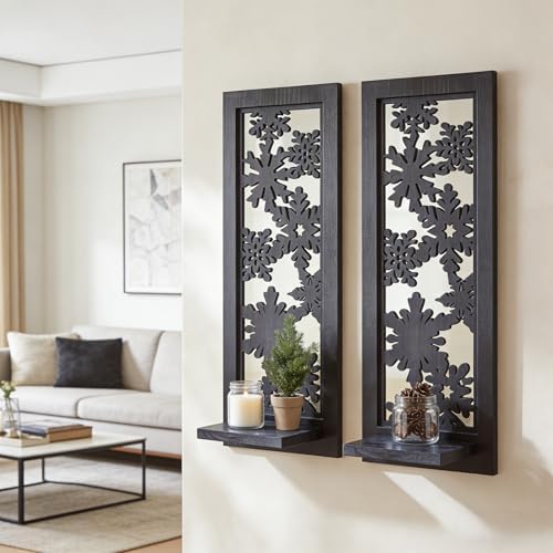ZEXUIRU 2 Set Rustic Candle Sconces Living Room Bedroom Entryway Wood Mirrored, Farmhouse, Carved Frame Wall-Mount Wooden Candle Holders Wall Decor Hanging Handmade Holder - Black - Image 2