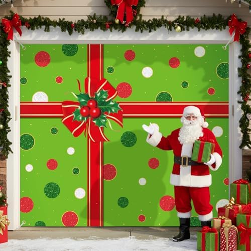 HunnmingRe 7 x 8 ft Christmas Garage Door Cover, Red and Green Polka Dots - Image 4