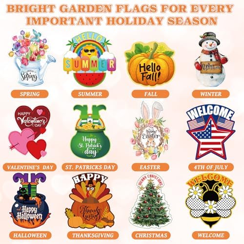 Reallnaive 12 Pcs Solar Seasonal LED Garden Flags 12 x 18 Inch Yard Flags 4th of July Summer Fall Halloween Thanksgiving Day Decorations Welcome Garden Flag Lawn Yard Outdoor Holiday Decoration - Image 3