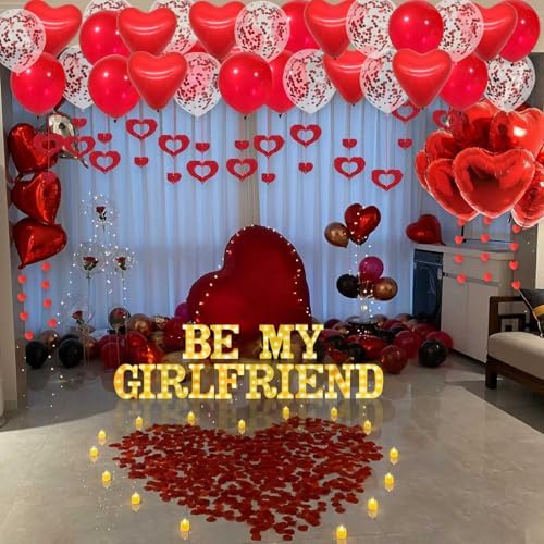 Be My Girlfriend Light Up Letters Proposal Decorations, 14Pcs 6.3" Letter Signs with 24Pcs Flameless Candles 2000Pcs Red Artificial Rose Petals 45Pcs Latex Balloons 10Pcs Heart Balloon Valentine's Day - Image 7