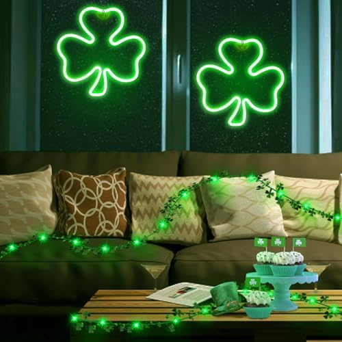 2 Pack 11 Inch St Patricks Day Decorations Shamrock Neon Lights, Green Decor Clover Window Lights with 2 Hooks, USB Powered St. Patrick's Day Lighted Shamrocks for Party Wall Bedroom Indoor Outdoor - Image 4