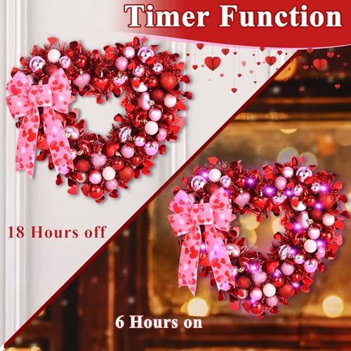 Waipfaru 2 Pcs 14.2'' Valentines Day Wreath, Heart Wreaths for Front Door, Red Pink White Valentine Wreath Decorations with Bowknot Lights for Valentine's Home Wedding Party Wall Window Gifts Decor - Image 6