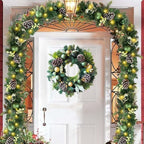 WANNA-CUL Pre-Lit 20 Inch Lighted Christmas Wreath for Front Door Decoration with Green Gold Christmas Ball Ornaments,Battery Operated 30 LED Lights - Image 2