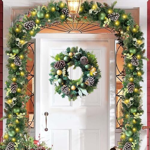 WANNA-CUL Pre-Lit 20 Inch Lighted Christmas Wreath for Front Door Decoration with Green Gold Christmas Ball Ornaments,Battery Operated 30 LED Lights - Image 2