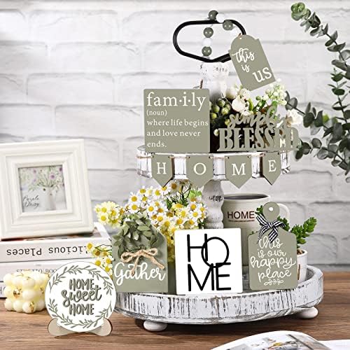 Two Tiered Tray with 11 Pcs Wooden Signs Decor, Stylish Style - Image 2