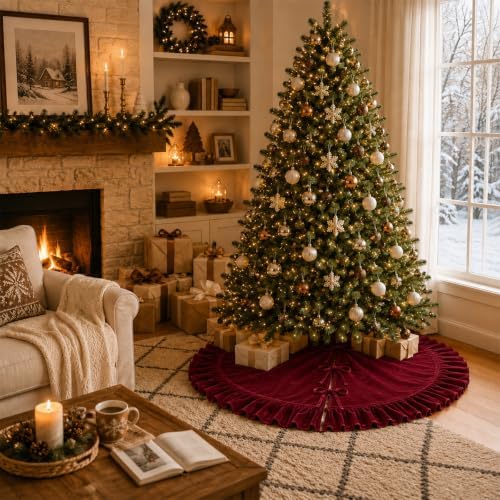 Christmas Tree Skirt,Velvet Tree Skirt with Ruffled Edge, Classic Large Velvet Fur Plush Tree Skirt for Merry Christmas(WineRed,60Inch) - Image 4