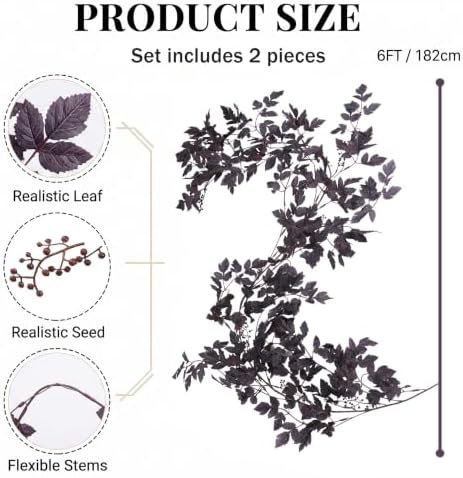 2 Pack Fall Garland, Fall Decorations for Home Fireplace Mantel Decor, Artificial Autumn Leaves Garland with Faux Plum Cimicifuga, Autumn Table Centerpiece Decorations, Halloween Moody Neutral Decor - Image 3