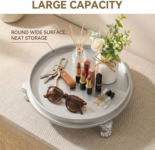 Matte Silver Decorative Tray, 11.8 Inch Round Tray with Claw Feet - Image 6