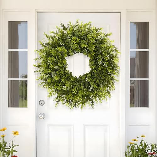 28'' Large Boxwood Wreath for Front Door Porch Window Artificial Boxwood Leaves with White Seed Greenery Outdoor Indoor Wreath for Home Farmhouse Wall Decor Spring Summer Fall All Seasons (Green) - Image 4