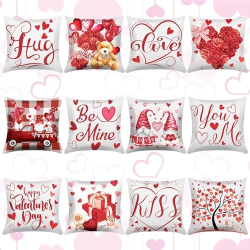 Hosuly 12 Pcs Valentines Day Throw Pillow Covers 18" x 18" Red White Love Kisses Hugs Throw Pillow Covers Valentines Day Decorative Cushion for Sofa Couch Bedroom Home Farmhouse Decorations by Hosuly