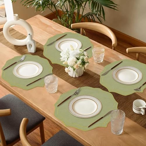 Set of 8 Cotton Linen Placemats, 15x15 Round Scalloped Cloth Table Mats, Embroidery Machine Washable, Wrinkle Resistance Fabric Place Mats for Wedding Summer Baby Shower Party Table Decor-Green - Image 4