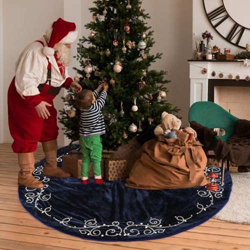 60inch Extra Large Christmas Tree Skirt Navy Blue Luxury Velvet Plush Fur Skirts Baroque Tree Skirts with Gold Embroidered Pearls and Crystals Trees Skirt for Christmas Holiday Party Home Decoration - Image 6