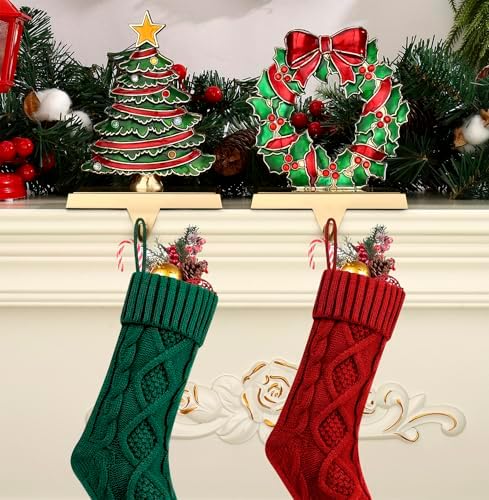 Christmas Stocking Holders for Mantel Set of 2 Anqitue Gold Christmas Tree Stocking Holders Wreath Stocking Holder Metal Stocking Hook Sturdy Stockings Hanger for Fireplace Decoration (Tree) - Image 6