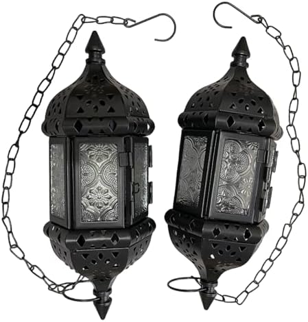 2PCS Moroccan Decorative Candle Lantern Metal Hanging Tealight Candlestick Holder Glass Indoor Outdoor LED Flameless Candle Holder 13.8 inches Chain (Black) by BWRMHME