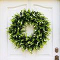 20" Boxwood Wreath for Front Door, Everyday Green Wreath with White Flowers by AnewsunFurniture