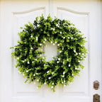 20" Boxwood Wreath for Front Door, Everyday Green Wreath with White Flowers by AnewsunFurniture