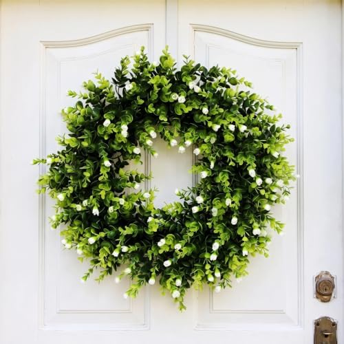 20" Boxwood Wreath for Front Door, Everyday Green Wreath with White Flowers by AnewsunFurniture