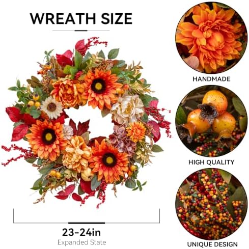 24 Inch Harvest Fall Wreaths for Front Door with Sunflower,Peony,Hydrangeas - Image 3