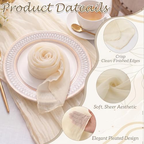 Cheesecloth Napkins with Wooden Bead Napkin Rings Set, 12 Gauze Cloth 20x20 Inch Dinner Napkins and 12 Boho Wood Bead Napkin Ring Holders for Wedding, Baby Shower, Bridal Shower(Beige) - Image 4