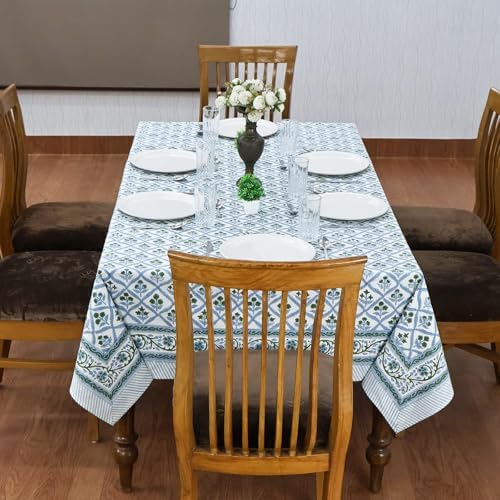 72x140 Inches Rectangle Hand Block Printed Cotton Tablecloth, Green Blue Floral Table Cloths Washable, Indian Table Linen for Outdoor Thanksgiving Gifts Dining Home Decor Outdoor Gift - Image 2