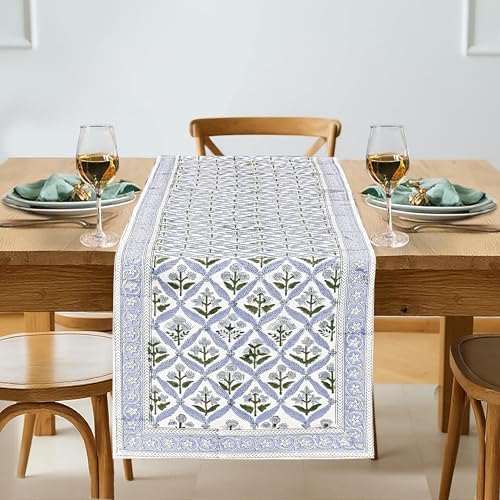Ridhi Light Steel Blue Hand Block Print Table Runner 16x90 Inch 100% Cotton by Ridhi