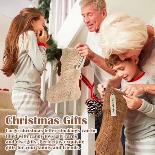4 Pcs 21 Inch Neutral Personalized Christmas Stockings Bulk with Name Tags, Large Plush Rustic Farmhouse Xmas Stocking Modern Brown Decor for Fireplace Holiday Family(White Beige Camel Light Brown) - Image 5