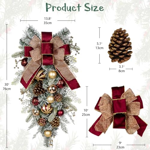 30" Christmas Teardrop Swag for Front Door Artificial Winter Swag Garland with Pine Cones, Berry Clusters, Burgundy Ball Ornaments and Ribbons for Thanksgiving Holiday Christmas Decoration - Image 2