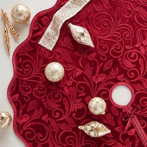 Velvet Christmas Tree Skirt Decor, 60 Inches, Scalloped Edge, Red - Image 2