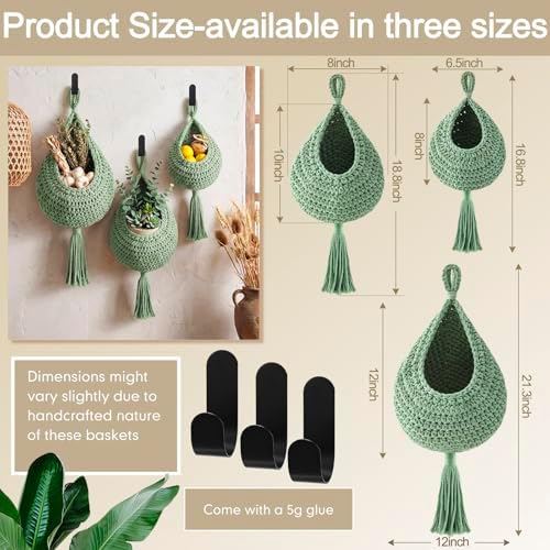 Honeydak 3 Hanging Baskets, Sage Green, Tassel, Cotton Rope - Image 2