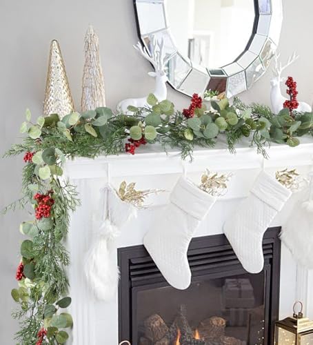 Red Berry Christmas Garland, Artificail Pine Garland with Berries Eucalyptus Cedar Leaves for Winter Holiday Home Table Centerpiece Decor (Light Green) - Image 2