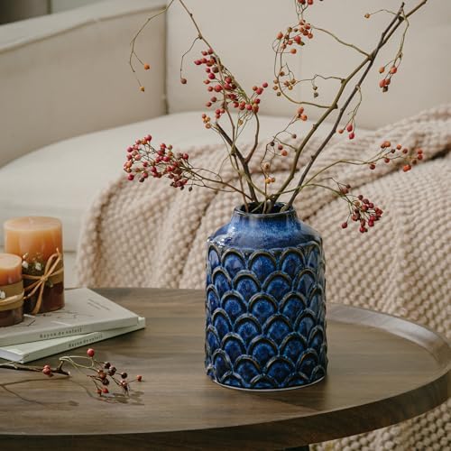 Ceramic Flower Vase, 7.28” Vintage Blue Pottery Vase for Home Decor, Rustic Textured Vase for Pampas Grass, Living Room, Entryway, Mantel, Kitchen Table, Centerpiece - Image 6